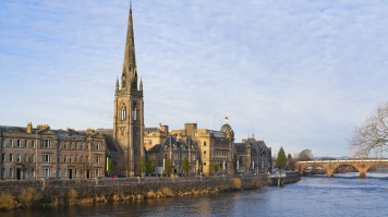 River Tay embankment with St.Matthews Church of Scotland in Perth.