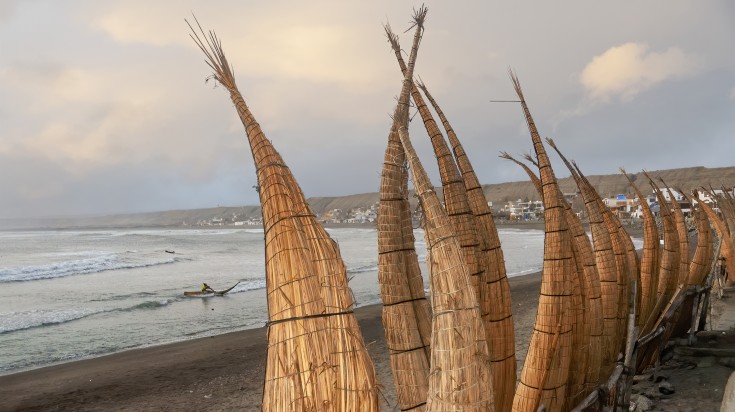 Caballitos de totora on the beach of Huanchaco, in Peru