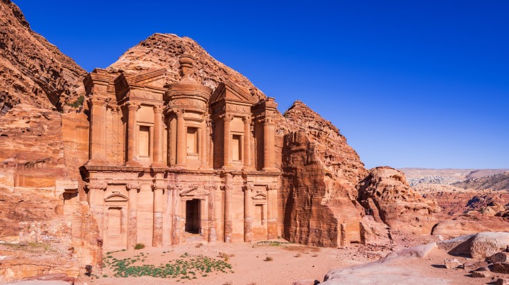 The stunning view of Ad Deir, the Monastery of Petra, Jordan on a spring da