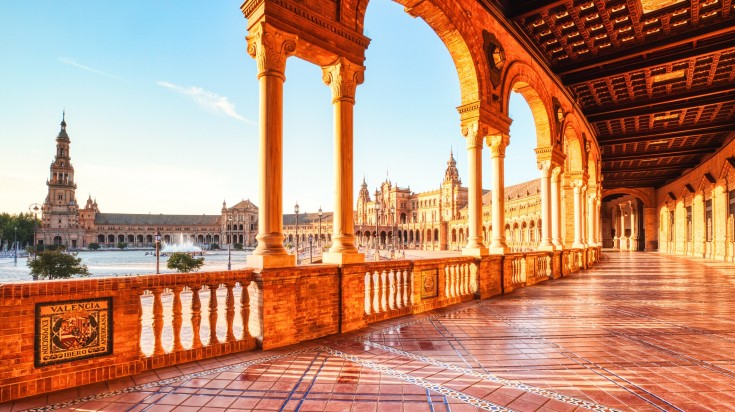 A view of Plaza de Espana in Seville during sunset. A view of Plaza de Espana in Seville during sunset.