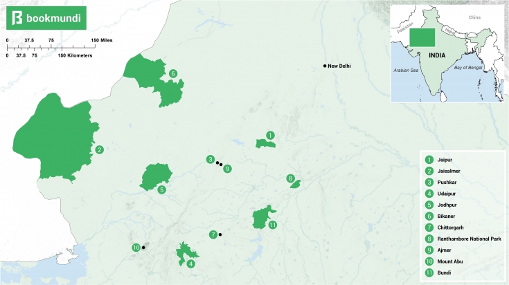 Map for places to visit in Rajasthan