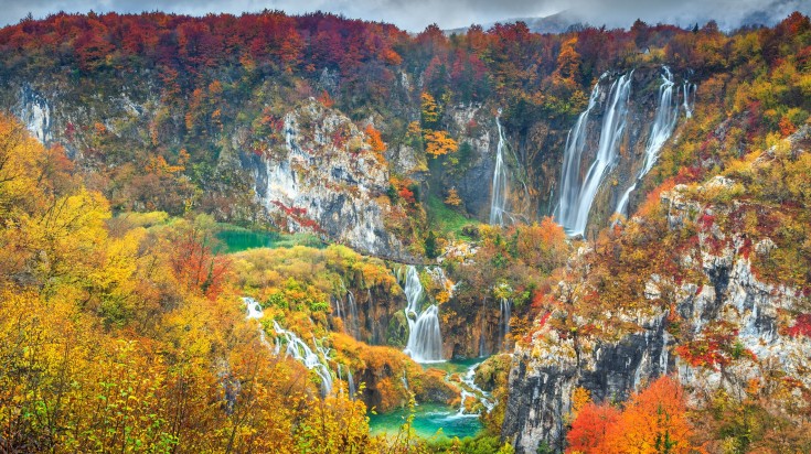 Plitvice Lakes National Park during dawn in Croatia.