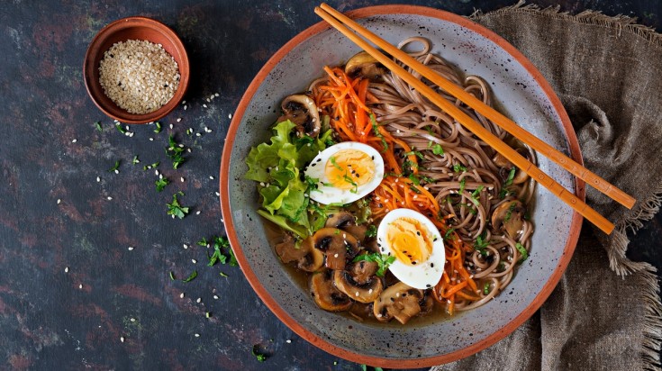 Ramen consists of wheat noodles served with meat broth and other toppings.