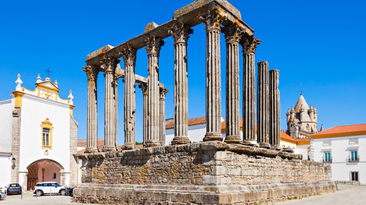 The Roman Temple of Evora on a clear day in Portugal.