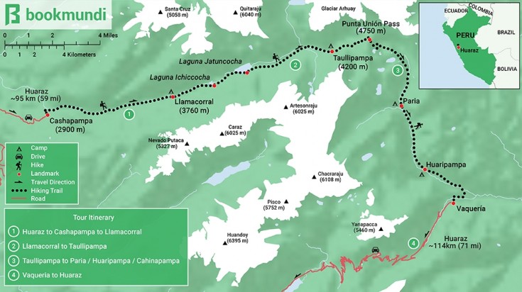 A map showing the Santa Cruz trekking trail santa cruz trek is one of the most popular treks in Peru