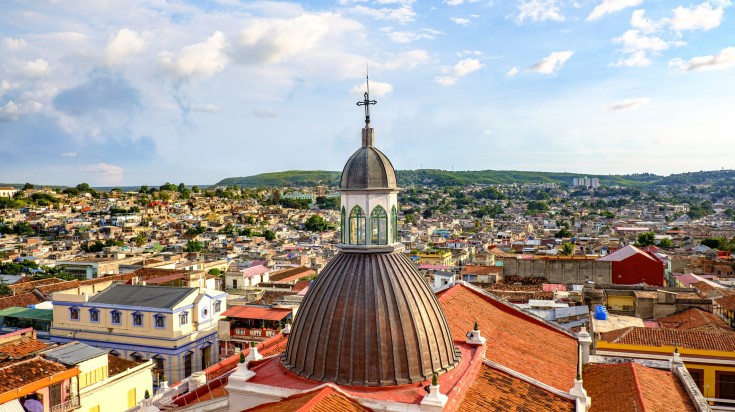 Aerial view of Santiago de Cuba on a sunny day.