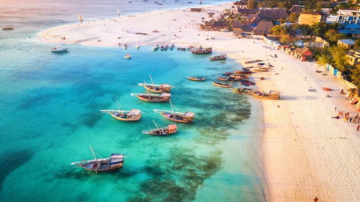 Several boats lined up on a Zanzibar beach.