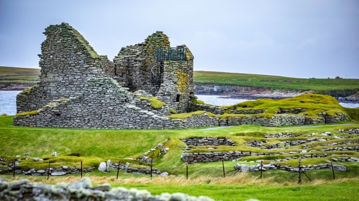 A close up view of Jarlshof at Shetland Islands during a clear day.