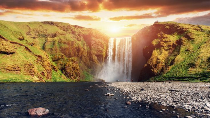 Picturesque view of Skogafoss waterfall in south of Iceland near the town of Skogar. Skogafoss Waterfall, one of the five biggest waterfalls