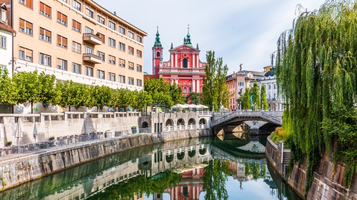 Cityscape on Ljubljanica river canal in old town