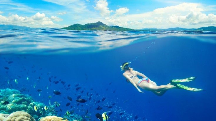 A woman enjoying snorkel around coral reef surrounded by multitude of fish