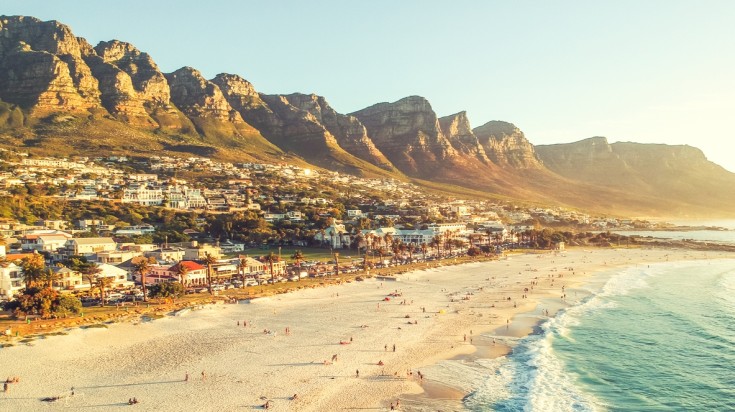 An aerial view of Camps Bay during lovely summer weather in South Africa.