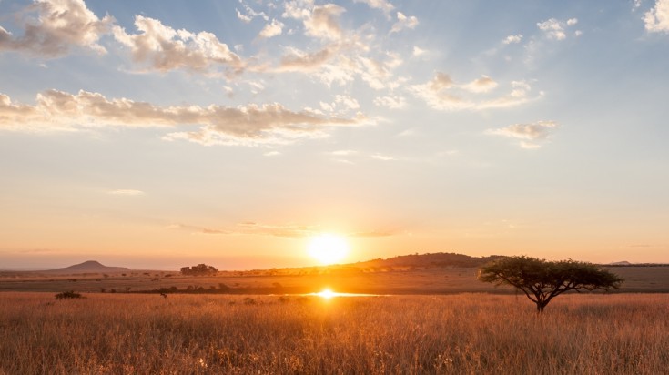 Sunset reflected in a waterhole on the plains of South Africa.