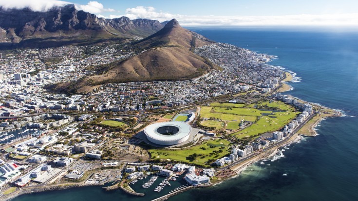 An aerial view of Cape Town, South Africa from a helicopter.