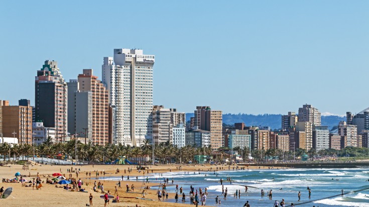 Visitors on the beach in Durban City in South Africa in September.