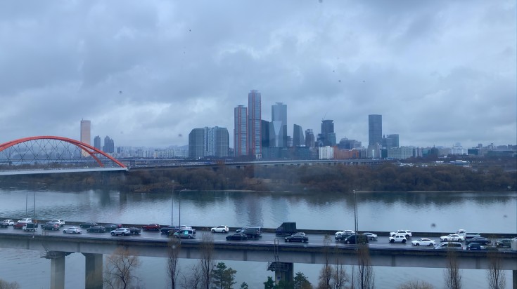 The Han River and the skyline of Seoul on a cloudy day in South Korea in Ju