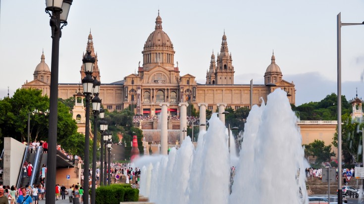 National Palace (Palau Nacional) building on top of Montjuic hill and magic