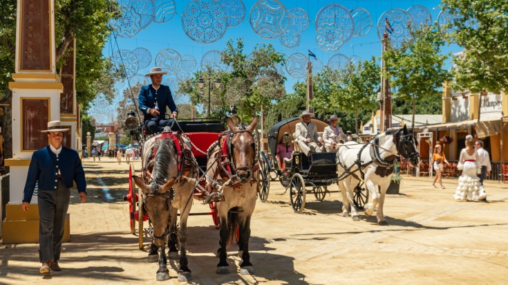 People and horses on the Horse Feria, Jerez de la Frontera, Andalusia, Spai