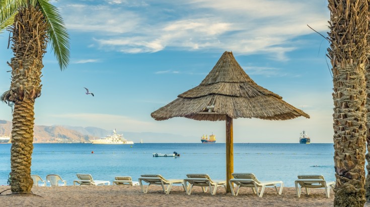 A beach at Red Sea Eitlat during summer morning in Israel.