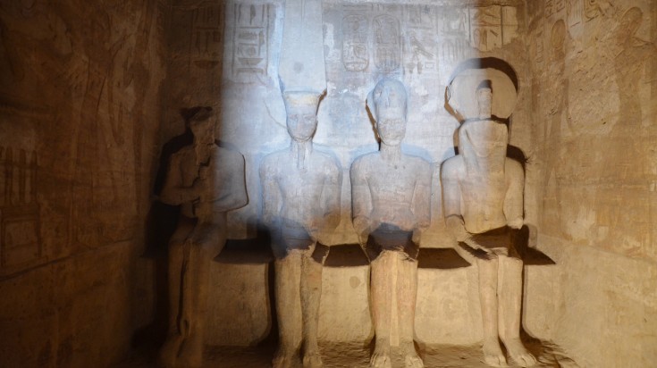 Sunlight on the Abu Simbel statues in Egypt.