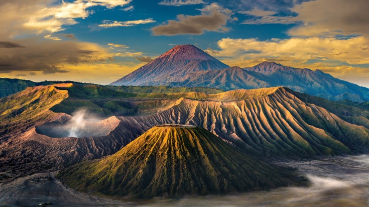 Panoramic view of sunrise in Mount Bromo in Indonesia.