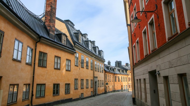 The traditional streets of Stockholm. Walking inside Gamla Stand.