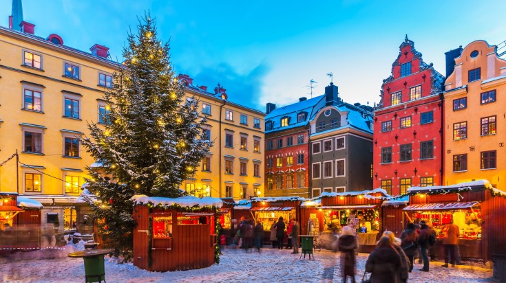 Beautiful snowy winter scenery of Christmas holiday fair at the Big Square