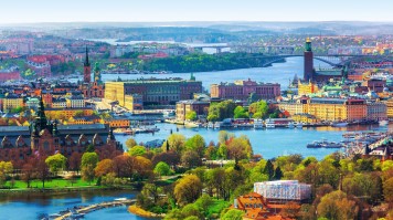 July brings hot weather to Sweden, inviting everyone to enjoy outdoor adventures in the summer heat. Aerial panorama view of Stockholm on a sunny day in Sweden in July.