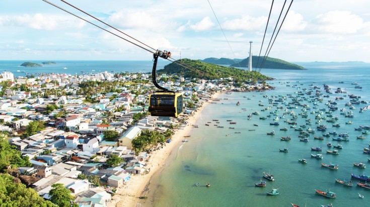 The cable car system and boats in the Phu Quoc island.