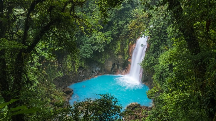 The cascading Rio Celeste amidst greenery.