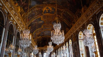 The The Hall of Mirrors of the Royal Palace of Versailles on France tour.