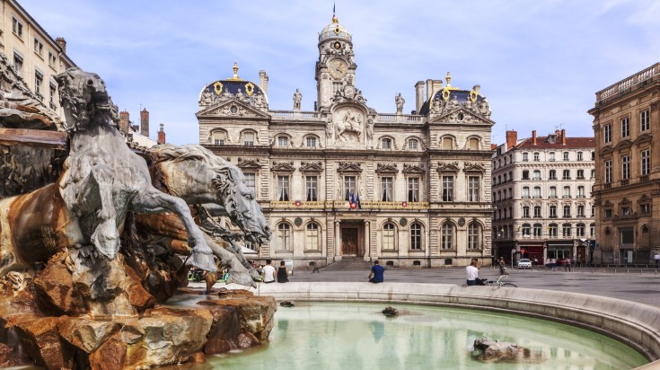 The Terreaux square with fountain in Lyon city in a France trip.