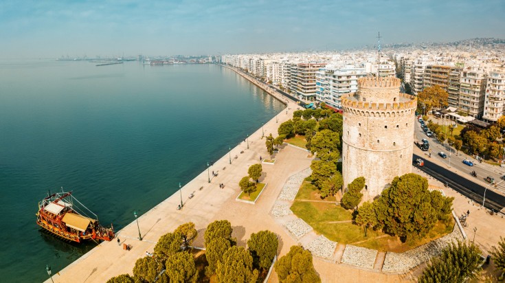 Blue Aegean Sea and the view of Thessaloniki city in Greece.