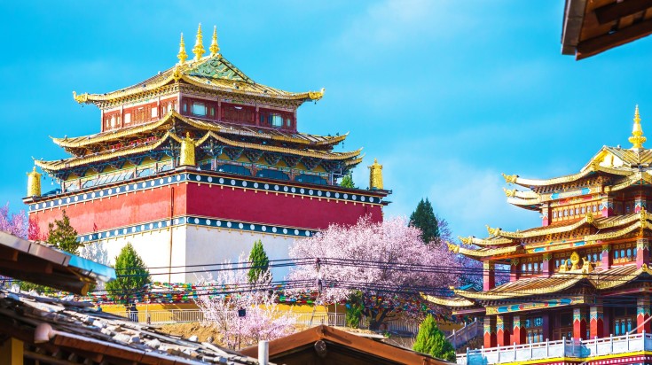 A view of multi colored temple-like structures