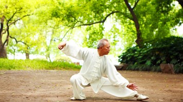 A Chinese man practicing Tai Chi amidst the greenery in Yangshuo