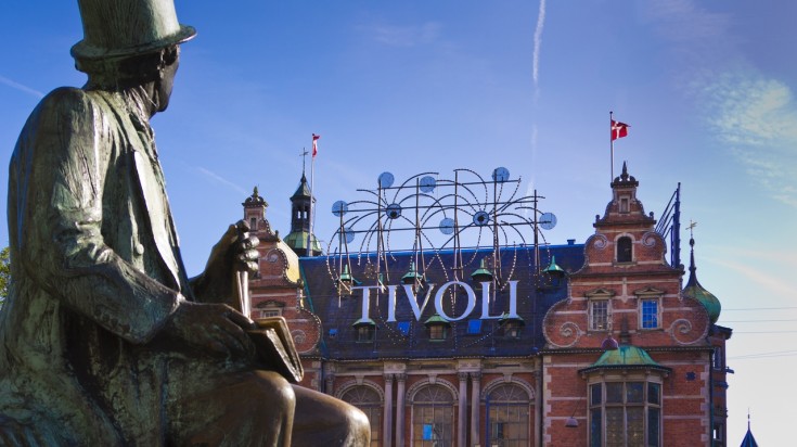 Tivoli Gardens and the statue of poet H.C. Andersen.