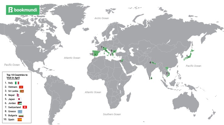 A world map showing the places to visit in April. A world map showing the places to visit in April.