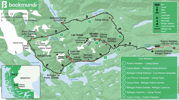 Torres del Paine Full trek in Chilean Patagonia avails trekkers a stunning experience of the Torres del Paine National Park. Torres del Paine Full trek Map