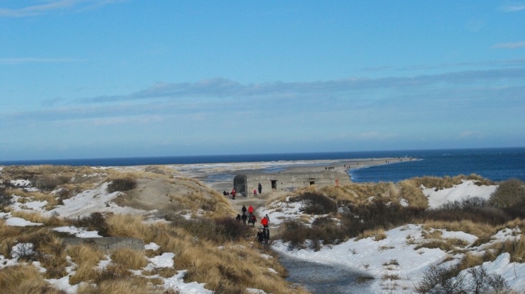 Tourists exploring a beach in Skagen during their Denmark winter trip.