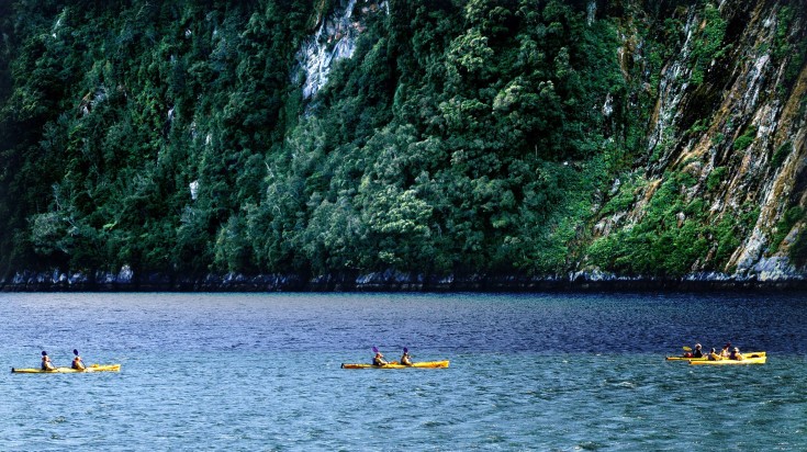 Tourists kayaking on the waters of Fiordland National Park.