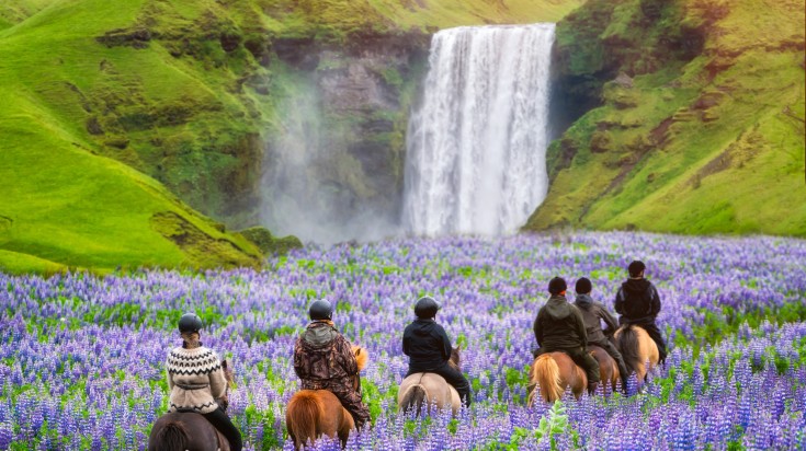 Tourists enjoy horseback riding amidst stunning landscape near Skogafoss.