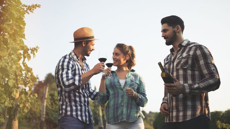 Tourists tasting wine in the Tokaj wine region.