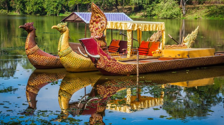 Traditional dragon boat near Bayon temple in Cambodia in September.