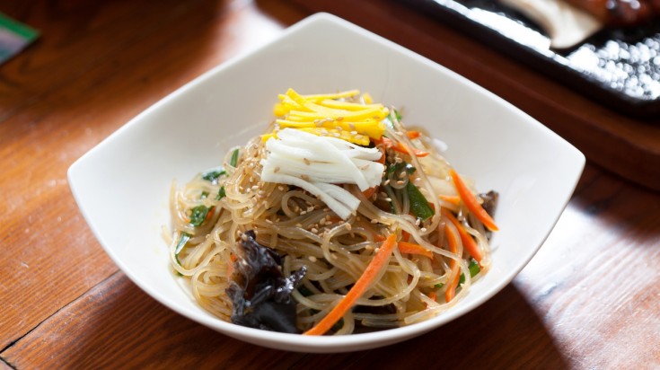 A bowl of Japchae, a traditional Korean food.