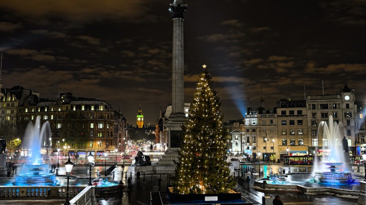 Christmas tree in Trafalgar during winter.