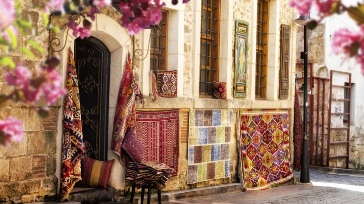 A detail shot of carpet and rug store in Antalya.