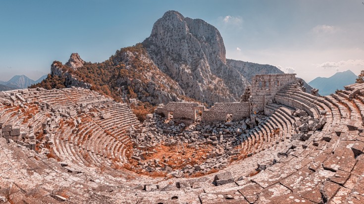 Panoramic view of an ancient amphitheater in Antalya.