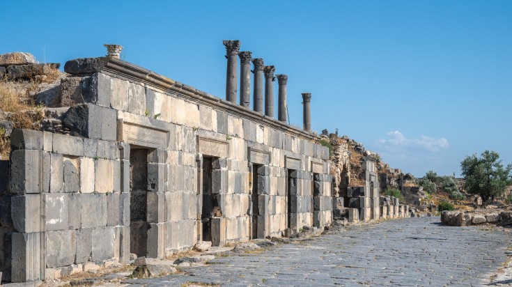 The ancient ruins of Umm Qais on a clear day in Jordan.