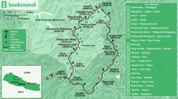 The Upper Dolpo trek map shows the trekking route, start/end locations, landmarks, and suggested campsites in accordance with a standard itinerary. Upper Dolpo Trek Map