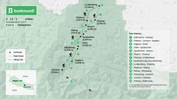 The map shows the popular Upper Mustang trekking trail, with the start and end location and day-to-day rest stops. Upper Mustang Trek map